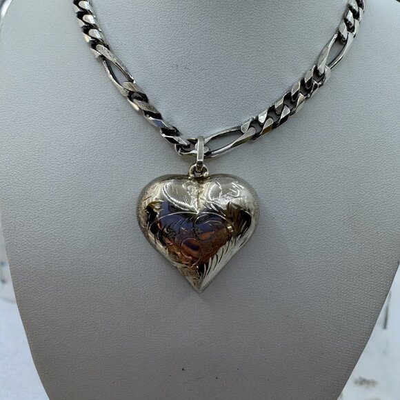 Sterling Silver Rope Necklace and Puffed Heart Pendant 18" Chain Link 52 Grams - Picture 1 of 10